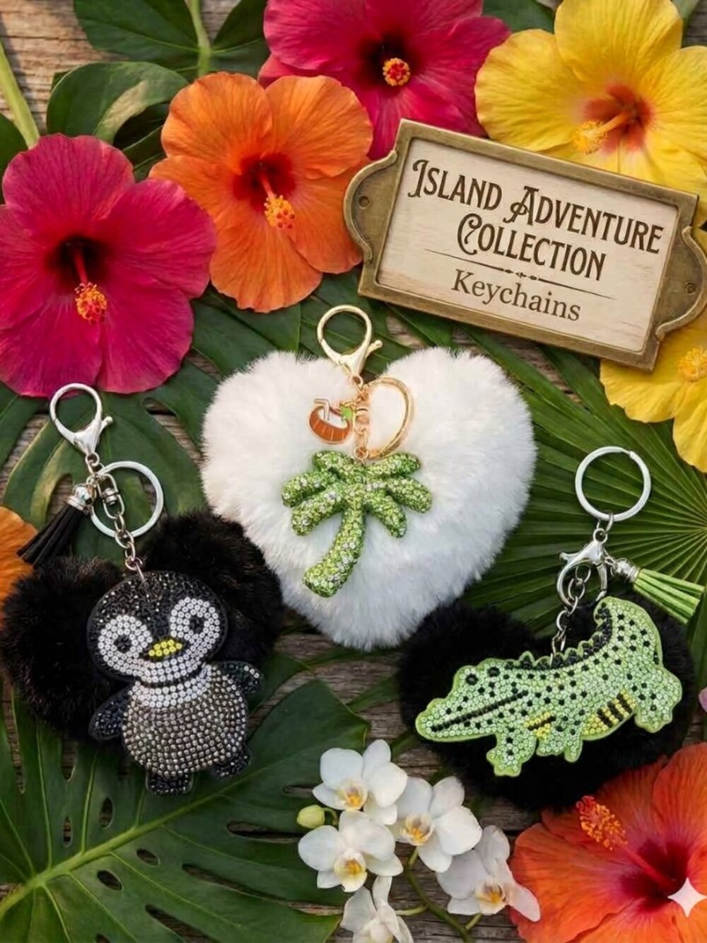 Crystal Charm Keychains - Penguin, Palm Tree, OR Alligator